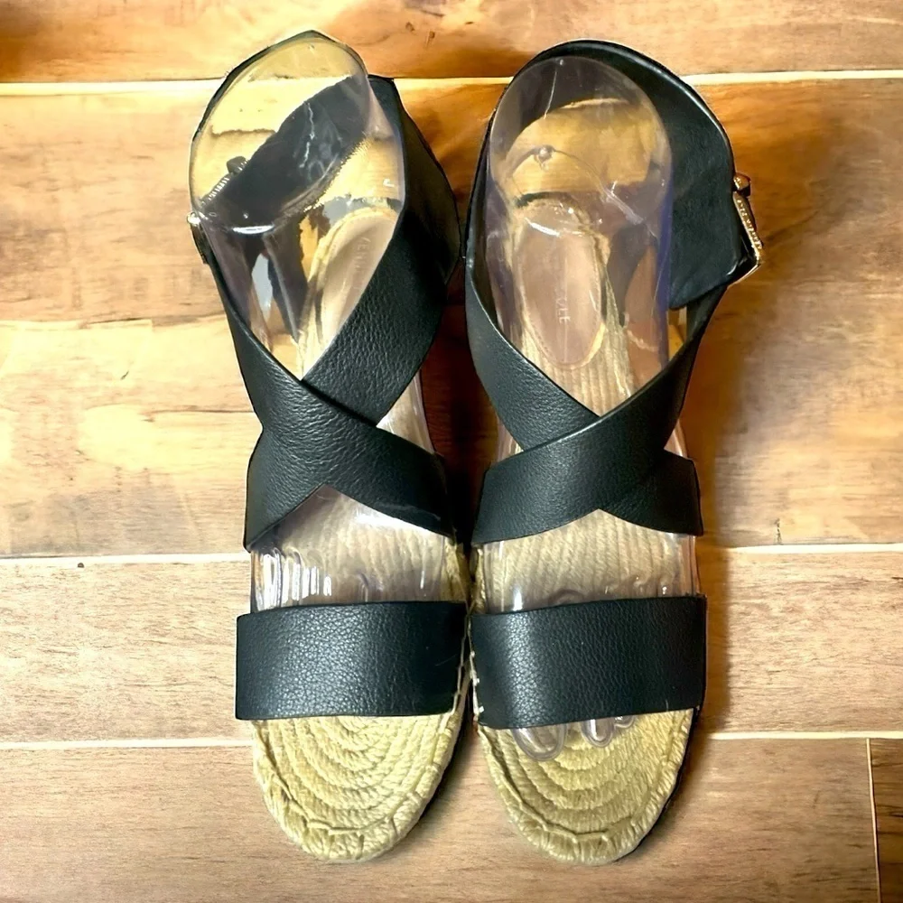 Kenneth Cole NY Olivia Black Cross Strap Leather Wedge Sandals Buckle Closure